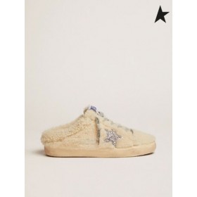 Golden Goose Szuper Csillagos Sabot Cipők természetes fehér shearling ezüst csillogó csillag Bézs, fehér, ezüst, szürke