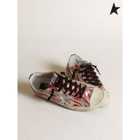 Golden Goose V-Star KFT cipők, ezüst, piros laminált bőr tigris nyomtatás ezüst, piros, ezüst, fekete