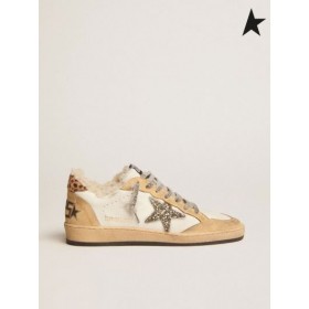 Golden Goose Labdát Csillag tornacipő, fehér nappa bőr platina színű csillogó csillag shearling bélés fehér