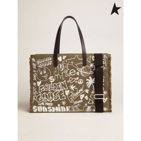 Golden Goose East-West California Bag in military green canvas with graffiti coffee