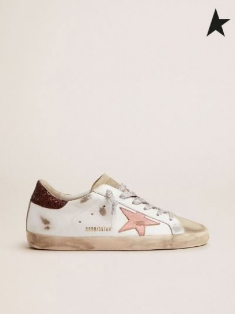 Órga Gé Super-Réalta sneakers le donn glitter súil cluaisín agus bándearg crackled leathar réalta bán