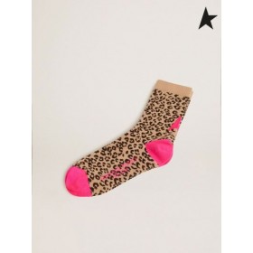 Órga Gé Ainmhithe-cló stocaí le gaineamh-daite bonn agus fuchsia sonraí donn dearg dubh fuchsia