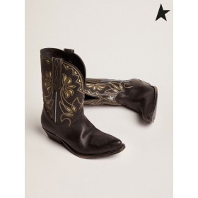 Órga Gé Mian Star íseal-heeled buataisí i dubh leathar le canáraí-buí inlay sonraí dubh