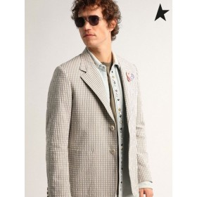 Órga Gé Turas bailiúchán bán agus antraicít-liath gingham aonair-breasted blazer le bioráin bán liath dorcha