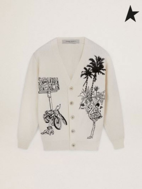 Golden Goose Viaggio Bianco collezione cardigan con ricamato a mano nero tropicale modello Beige bianco
