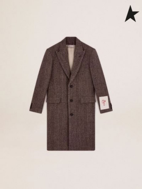 Golden Goose Golden collection monopetto cappotto in lana a spina di pesce con tessere in beige e il grigio antracite Beige grigio scuro