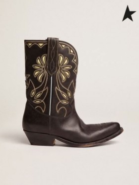 Golden Goose Desiderio di Star bassi con tacco, stivali in pelle nera con il giallo canarino intarsio nero dettagli