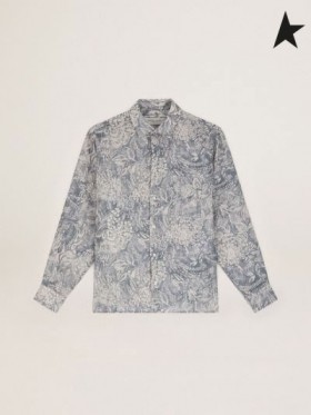 Golden Goose Adam Golden Resort Capsule collection camicia di lino vintage blu a contrasto con il bianco toile de jouy stampa blu