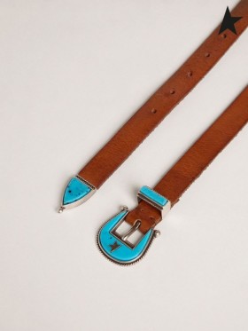 Golden Goose Rodeo belt in leather with blue buckle blue