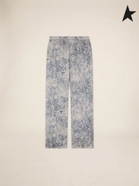 Golden Goose Evan Golden Resort Capsule collection pantaloni di lino vintage blu a contrasto con il bianco toile de jouy stampa blu