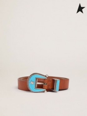 Golden Goose Rodeo belt in leather with blue buckle blue