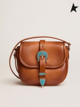 Golden Goose Piccolo Rodeo Borsa in colore tan in pelle blu con fibbia blu