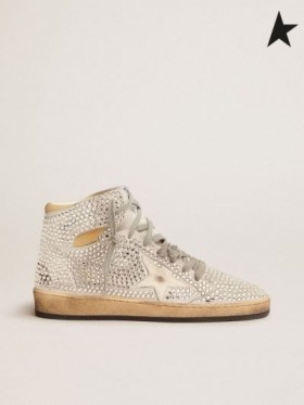 Golden Goose Sky-Star sneakers in bianco ottico in pelle scamosciata con all-over di cristalli bianchi e pelle nappa star bianco rosso argento