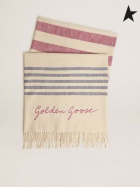 Golden Goose Egeo Golden Resort Capsule collection di cotone telo da mare, vintage bianco con righe rosse e blu e intrecciata con frange in fondo bianco
