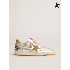 Golden Goose Palla Star LTD scarpe da ginnastica in pelle laminata argento con sabbia color camoscio dettagli argento
