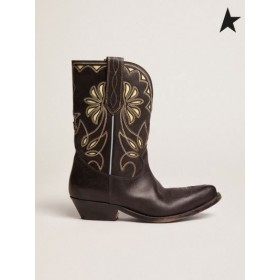 Golden Goose Desiderio di Star bassi con tacco, stivali in pelle nera con il giallo canarino intarsio nero dettagli