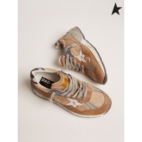 Golden Goose Papà-Star sneakers tabacco colorata in mesh e pelle scamosciata in pelle bianca, stella e pelle nera scheda di tacco rosso bianco nero