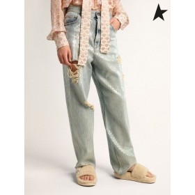 Golden Goose Viaggio collezione di jeans in difficoltà-effetto luce blu denim con all-over di paillettes blu chiaro