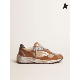 Golden Goose Papà-Star sneakers tabacco colorata in mesh e pelle scamosciata in pelle bianca, stella e pelle nera scheda di tacco rosso bianco nero