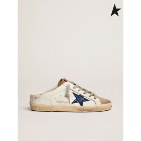 Golden Goose Super Star Zoccoli Sneakers in pelle bianca con blue glitter star e colomba-grigio camoscio linguetta bianca