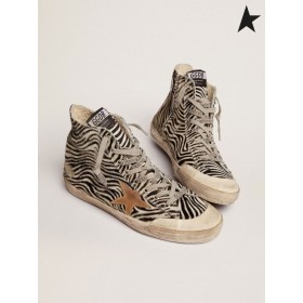 Golden Goose Francy Penstar LTD scarpe da ginnastica zebra-stampa pony pelle tabacco in suede color stelle e pelle nera scheda di tacco rosso nero