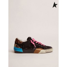 Golden Goose Super Star LAB sneakers in camoscio nero con multi-foxing e leopardo-stampa pony pelle scheda di tacco nero