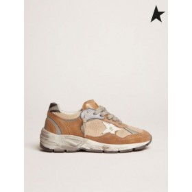 Golden Goose Papà-Star sneakers tabacco colorata in mesh e pelle scamosciata in pelle bianca, stella e pelle nera scheda di tacco rosso bianco nero