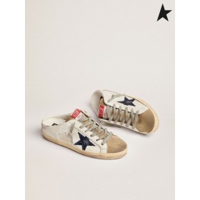 ゴールデングーススーパースター Sabotsスニーカー白革のブルーでキラキラ星のダブ-グレード舌白