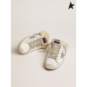 ゴールデングーススーパースター Sabots白革のシルバーキラキラ星shearlingライニング白