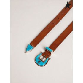 ゴールデングースロデオの革ベルトブルーのバックル青