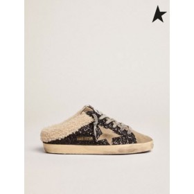 ゴールデングーススーパースター Sabots株式会社スニーカー黒キラキラとのダブ-グレードスターとshearlingライニング黒灰色なし