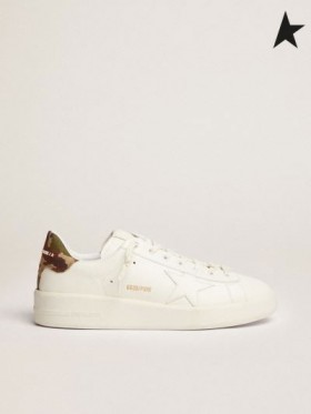 Golden Goose Purestar joggesko i hvitt skinn med tone-på-tone-stjerners og grønt hæl kategorien i kamuflasje-print "ripstop" - stoff hvit