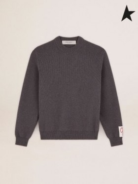 Golden Goose Golden samling round-hals genser i mørk grå melange bomull med kontrast hvit logo på baksiden mørk grå