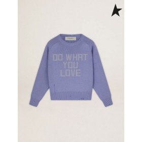 Golden Goose Pastell lilla round-neck Reise collection genser med slitt finish og sølv-farget skrift Pastell Lilla