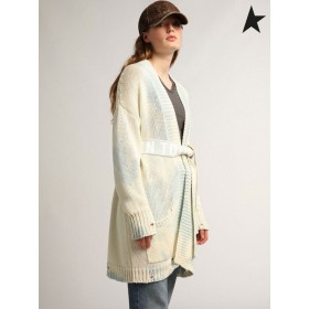 Golden Goose Hvit distressed-finish Reise collection cardigan med pulver-blå tie-dye effekten og hvit skrift på de kanter hvit blå