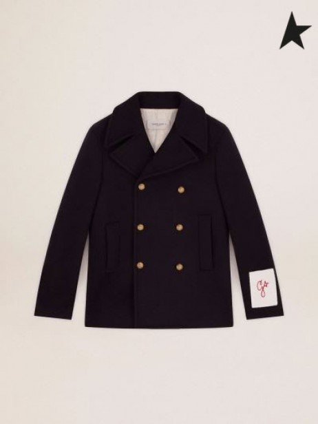 Krótki dwurzędowy płaszcz Golden Goose Golden collection z ciemno-niebieskiej wełny ze złotymi геральдическими guzikami w kolorze granatowym