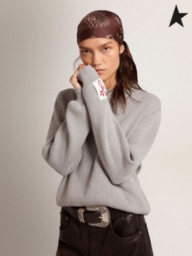 Sweter z okrągłym dekoltem Golden Goose Golden collection z żeliwa меланжевого bawełny z porwany wzorem w kolorze szarym