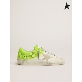 Суперзвездные trampki Golden Goose z białego płótna z kryształami i fluorescencyjnej żółtej флоковой farbą