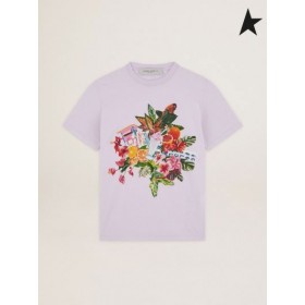 Koszulka Golden Goose Lavender Journey collection z kolorowym tropikalnym nadrukiem lawendy