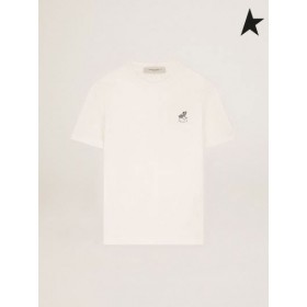 Wzór biały t-shirt Golden Goose z капсульной kolekcji Golden Resort z kontrastowym czarnym logo z przodu biały
