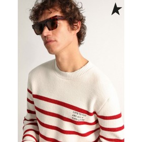Sweter Golden Goose z białej bawełnianej kolekcji Journey z czerwonymi paskami i napisem z przodu biały