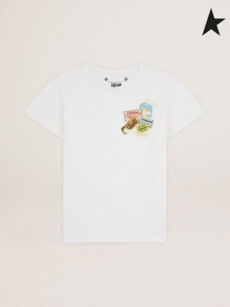 Gâsca de aur Alb Călătorie de colectare T-shirt cu multicolore timbru de imprimare alb