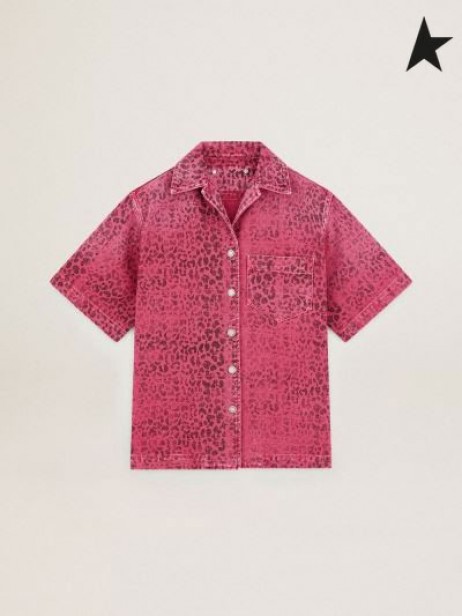 Gâsca de aur Azalea-colorate Călătorie de colectare denim tricou negru cu imprimeu de leopard roz negru