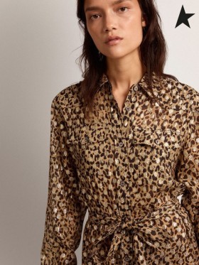 Gasca de aur de Aur de colectare cămașă rochie cu animal print și aur plumetis de culoare de aur