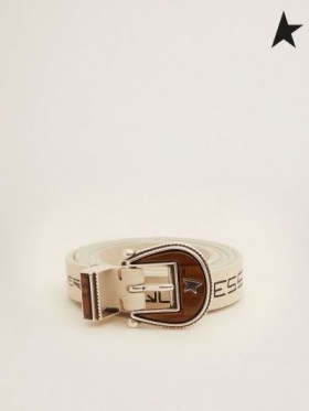 Gasca de aur de Rodeo curea din piele albă, în contrast cu litere scrise de mână în alb