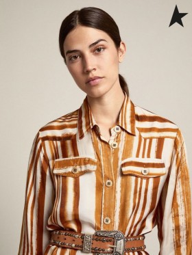 Gasca de aur de Călătorie de colectare Dana cămașă rochie cu acuarela-efect vertical stripe print Ecru / Teracota