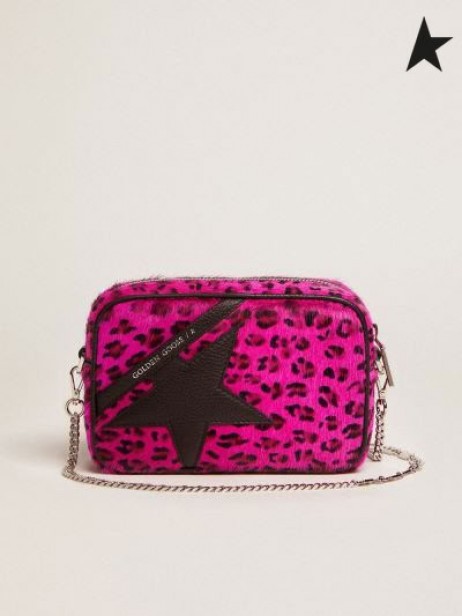 Zlatá Hus Mini Star Taška v fuchsia leopard tlač pony koži s čiernym koženým star čierna, fuchsia