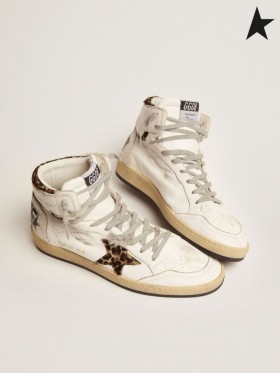 Golden Goose Sky-Star sneakers with signature on the ankle and leopard-print pony skin inserts white