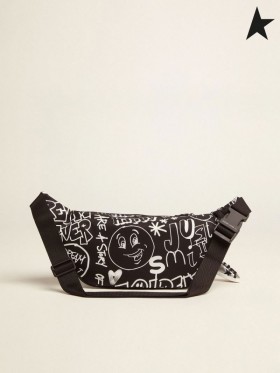 Zlatá Hus Cesty pás taška v čierny nylon s kontrastnými bielymi dekoráciami