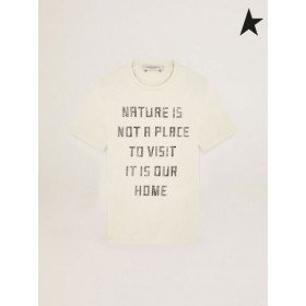 Zlatá Hus Biela Cesta kolekcie T-shirt s kontrastným čiernym písmom na prednej strane, biela